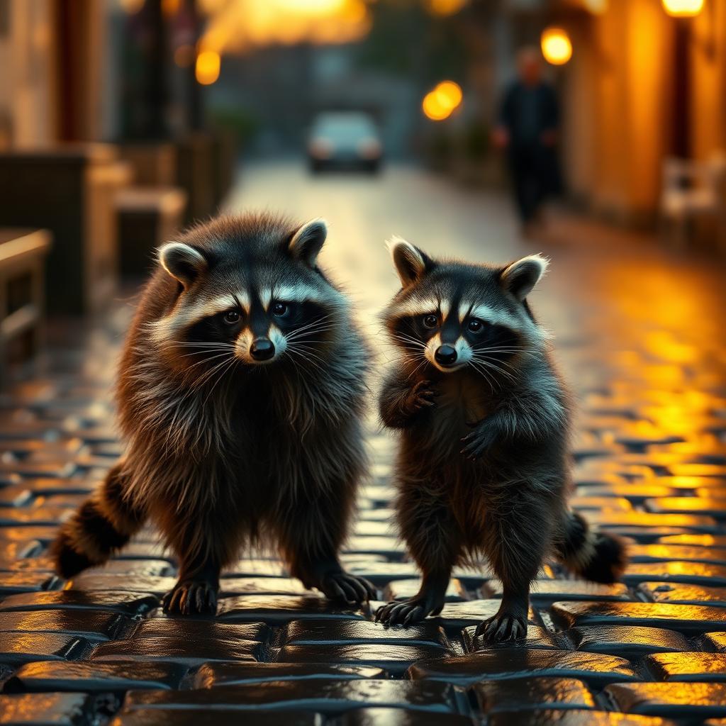 Danny and his son Jimothy on wet cobblestone